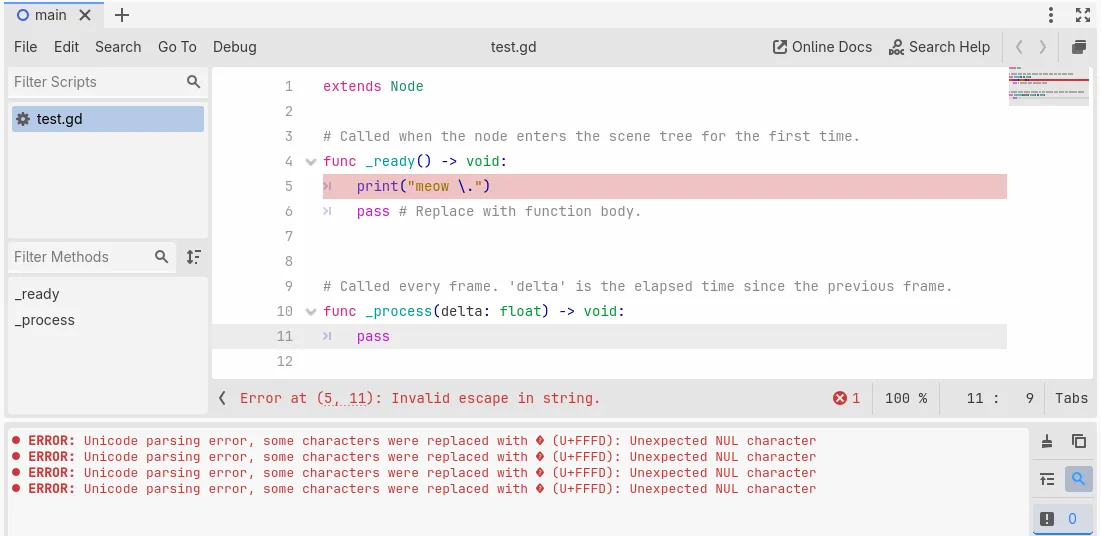 A script open in the Godot editor that contains a string escaping a carriage return. The Output pane is visible, filled with logs along the lines of "Unicode parsing error, some characters were replaced with U+FFFD".