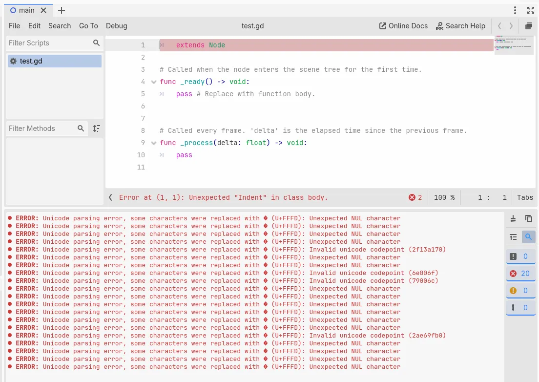 A script open in the Godot editor that starts with a tab. The Output pane is visible, filled with logs along the lines of "Unicode parsing error, some characters were replaced with U+FFFD".